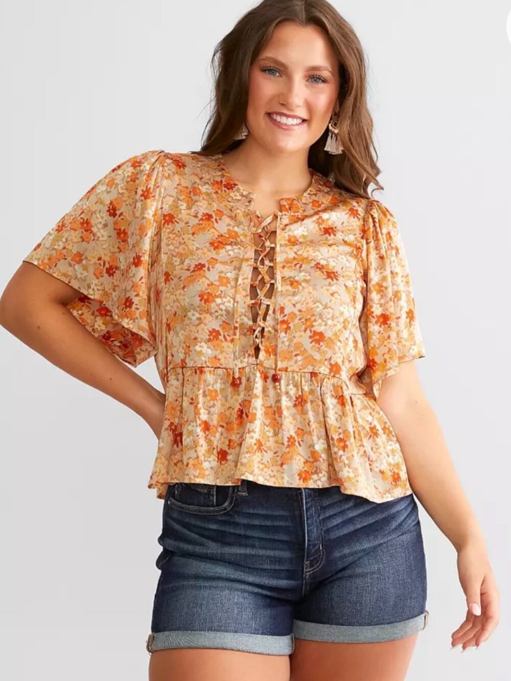 Daytrip Size M Floral Satin Peplum Top Rust Tan Floral Lace Up Short Sleeve Boho